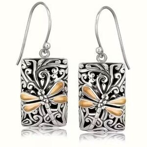 Boho Muse Dragonfly Earrings Two-Tone Engraved Rectangles Retro Chic Statement